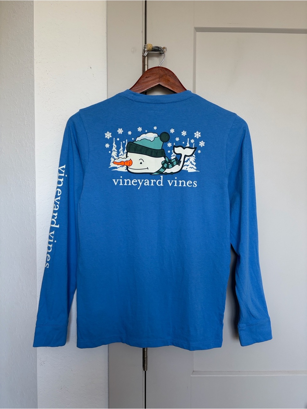 VINEYARD VINES SNOW WHALE WINTER LONG SLEEVE POCKET TEE BLUE KIDS LARGE